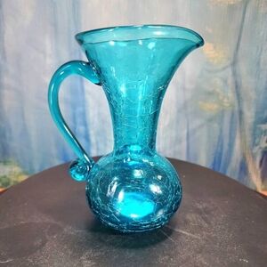 TURQUOISE Blown Crackle MCM AQUA BLUE Collectible Art Glass Pitcher  5.25"